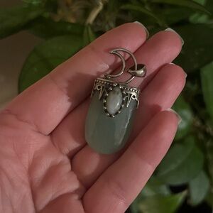 Aventurine and Jasper Crescent Moon Pendant Necklace with Pale Green Chalcedony
